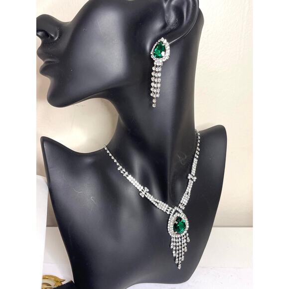 New Necklace Earrings Green Clear Rhinestone Fashion Jewelry Set F027 - Picture 1 of 9